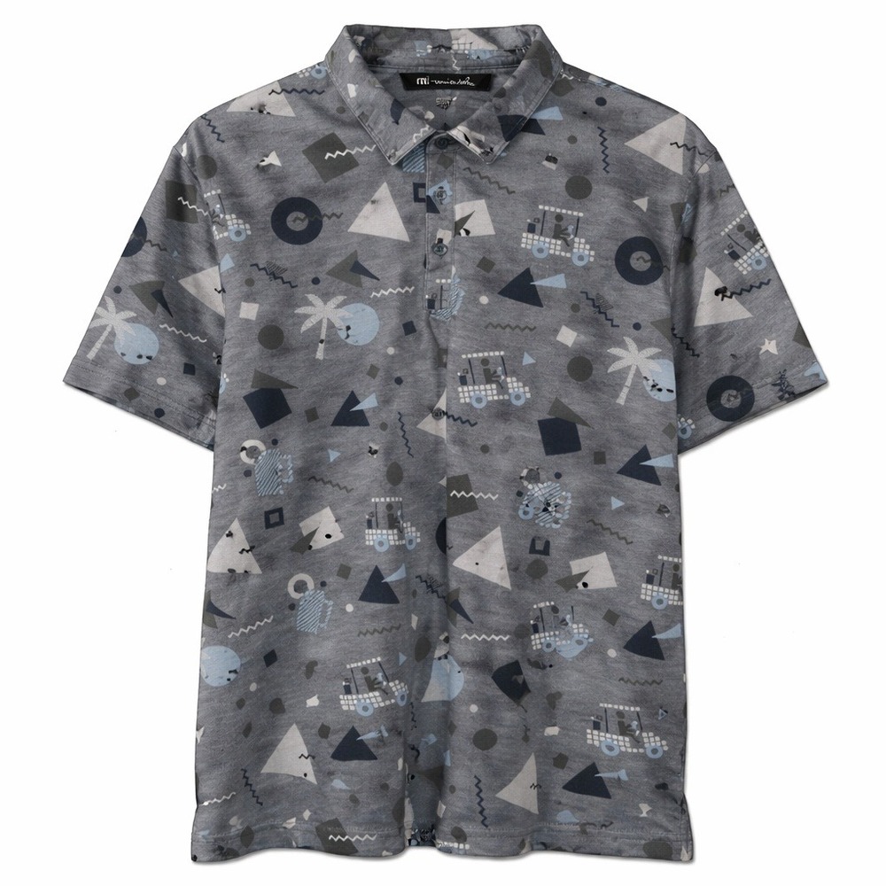 Travis Mathew Polo Shirt Mens Large Grey Pelican Hill Golf Cart Geometric Print